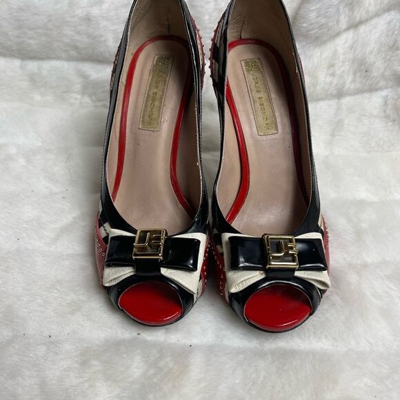 Jorge Bishoff Red patent leather,black white stripes textile peep toe he… - Picture 3 of 10